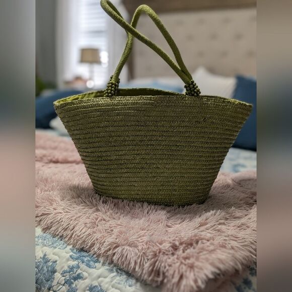 Cappelli Straworld Olive Green Woven Straw Tote Beaded Handles Coastal Boho Bag - Picture 2 of 9